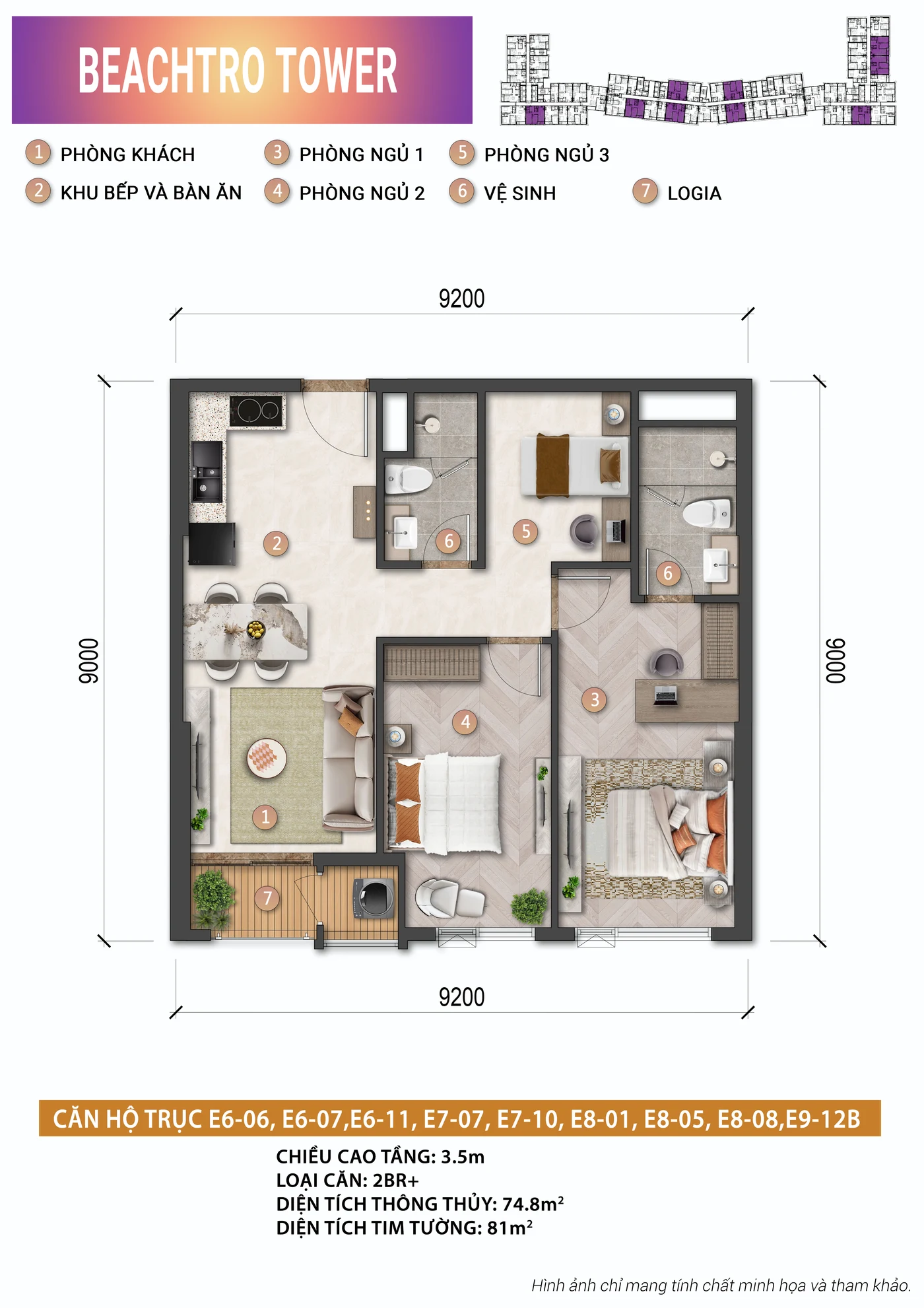 Mặt bằng căn 2 phòng ngủ + 74,8 m² tòa Beachtro, Blanca City