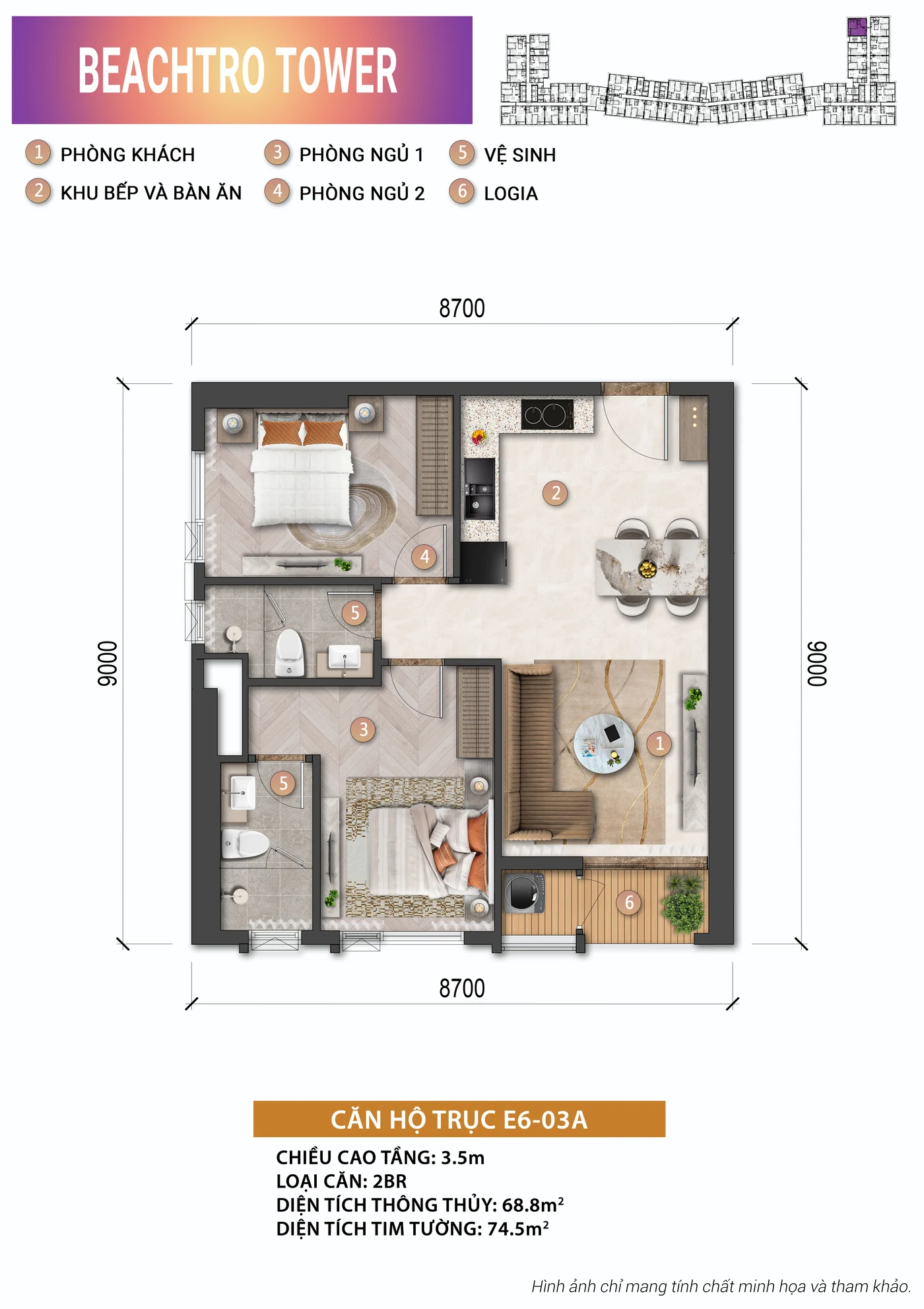 Mặt bằng căn 2 phòng ngủ 68,8 m² tòa Beachtro, Blanca City