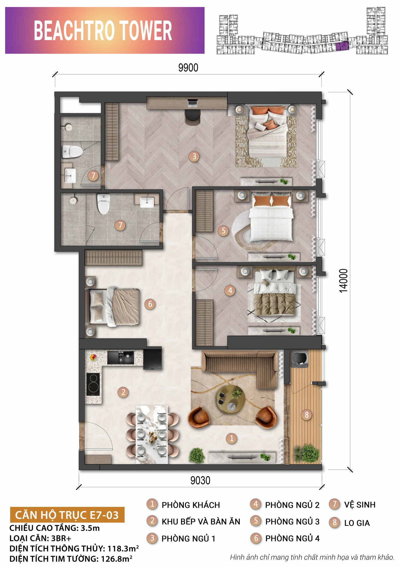 Mặt bằng căn 3 phòng ngủ + 118,3 m² tòa Beachtro, Blanca City