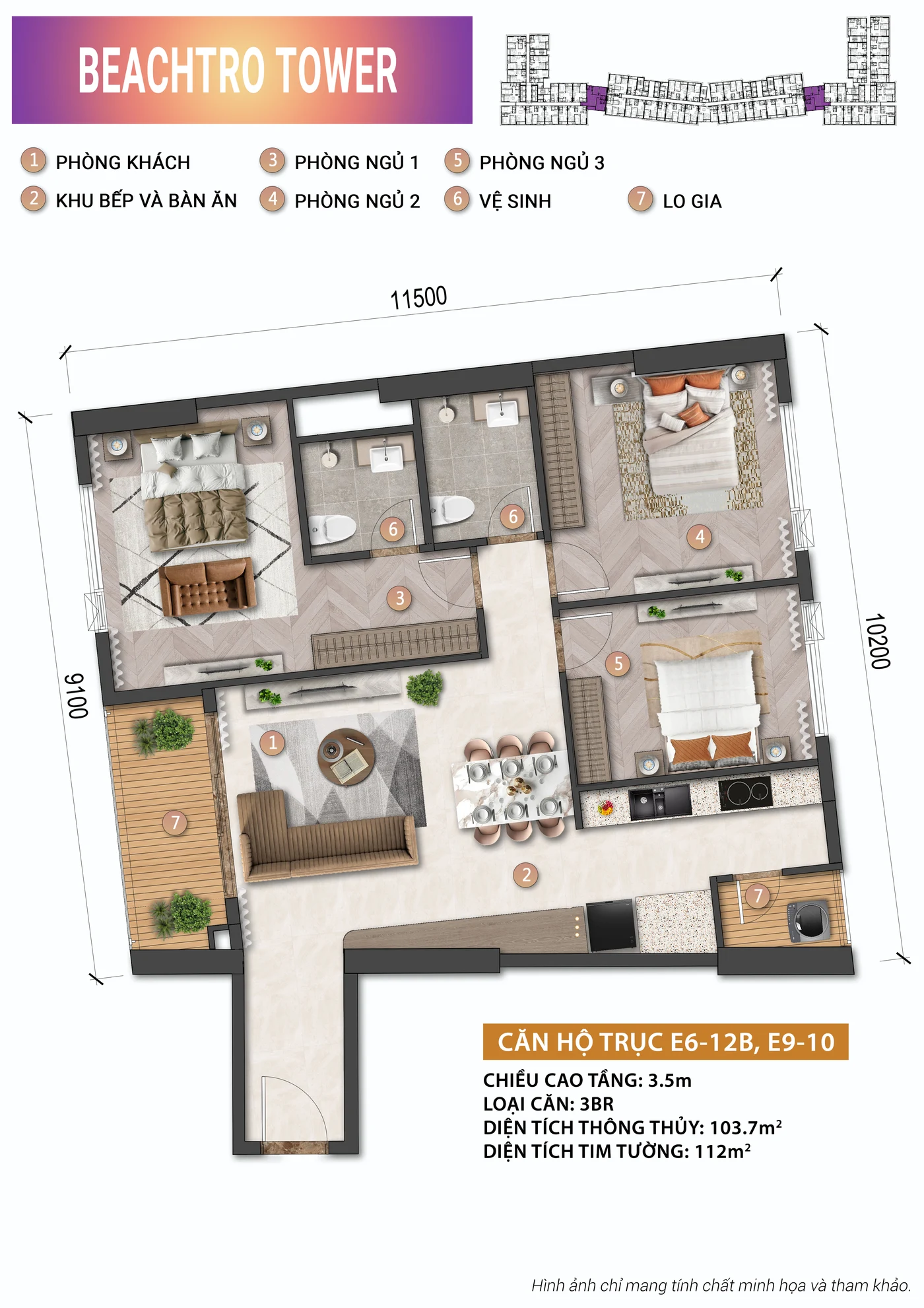 Mặt bằng căn 3 phòng ngủ mở rộng 103,7 m² tòa Beachtro, Blanca City