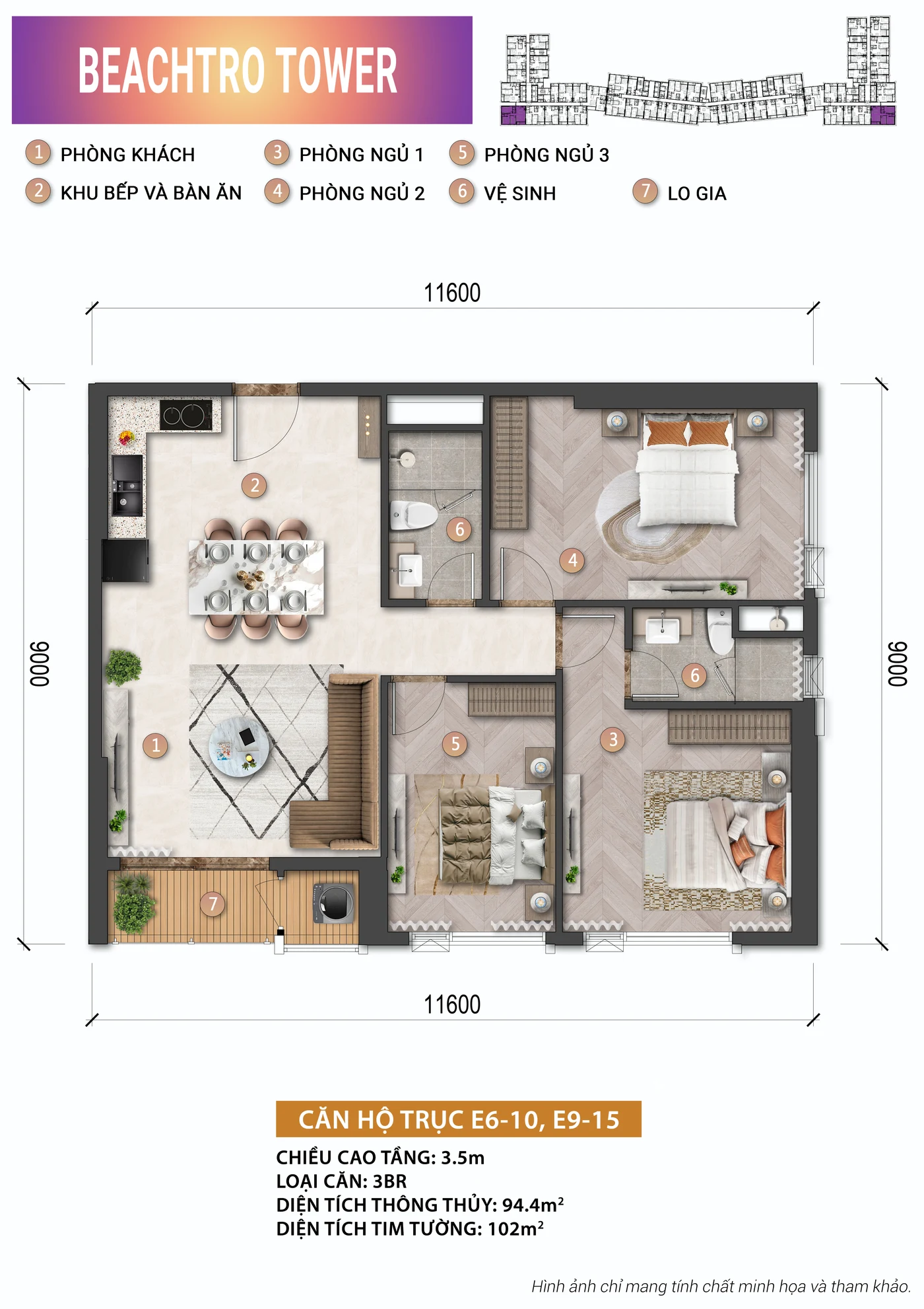 Mặt bằng căn 3 phòng ngủ 94,4 m² tòa Beachtro, Blanca City
