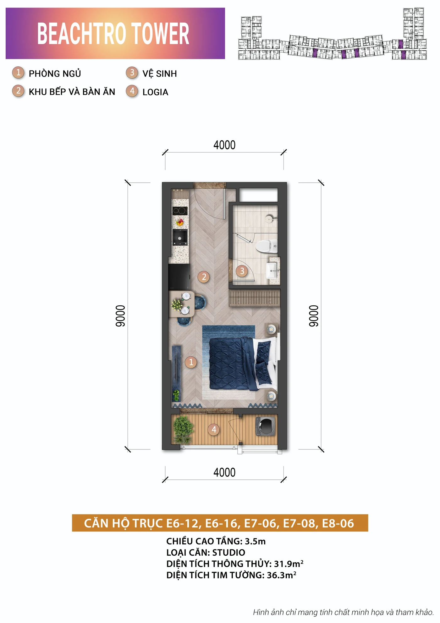 Mặt bằng căn Studio 31,9 m² tòa Beachtro, Blanca City